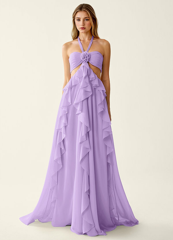 Gelsomina Lila Chiffon A-lijn galajurk met 3D-bloemen en ruches image1