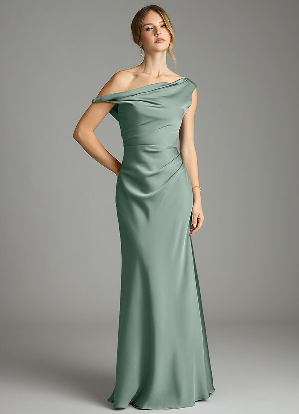 Azazie Emerson Robes de demoiselle d'honneur Robe Sirène en Satin extensible Épaules dénudées Sauge D'argent image1