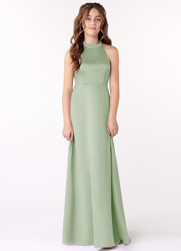 Azazie Laurel Junior Robe Trapèze en Mat Satiné Vert Sauge image1