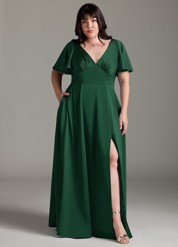 Azazie Kimber Bridesmaid Dresses Dark Green A-Line Ruched Stretch Satin Dress image1