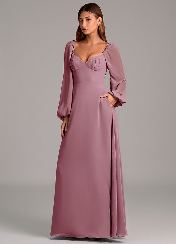 Azazie Annistyn Bridesmaid Dresses Vintage Mauve A-Line Long Sleeve Chiffon Dress image1