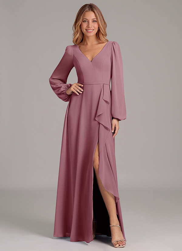 Azazie Simone Bridesmaid Dresses Vintage Mauve A-Line Long Sleeve Chiffon Dress image1