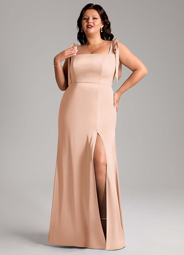 Azazie Frostine Bridesmaid Dresses Rose Gold A-Line Bow Stretch Satin Dress image1