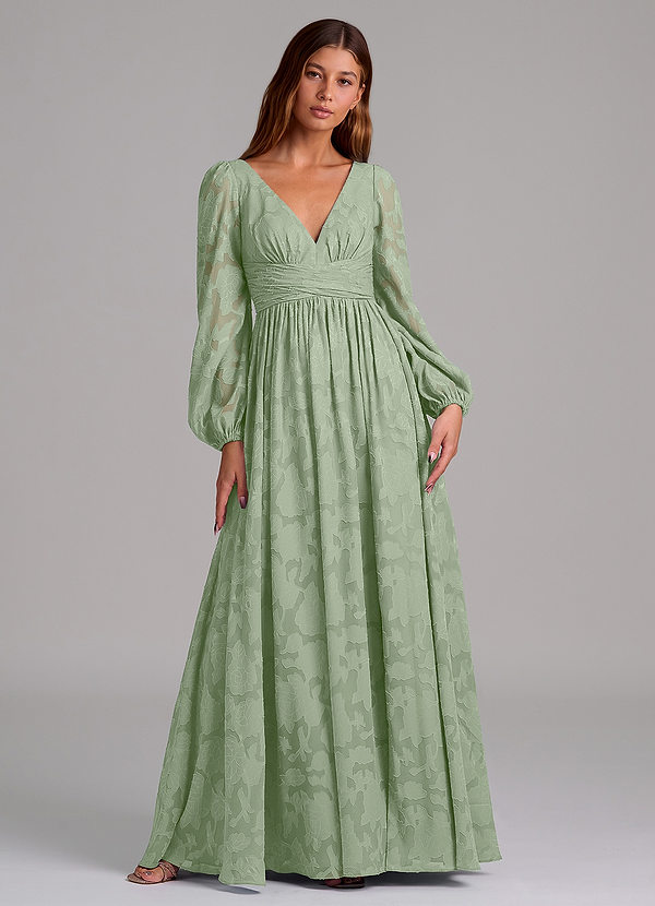 Azazie Norah 신부 들러리 드레스 A라인 긴팔 플로럴 번아웃 바닥 길이 드레스 image1