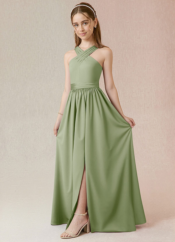 Azazie Jiya Junior A-Line Plisseret Stræk satin Gulv-længde Junior brudepige Kjole image1