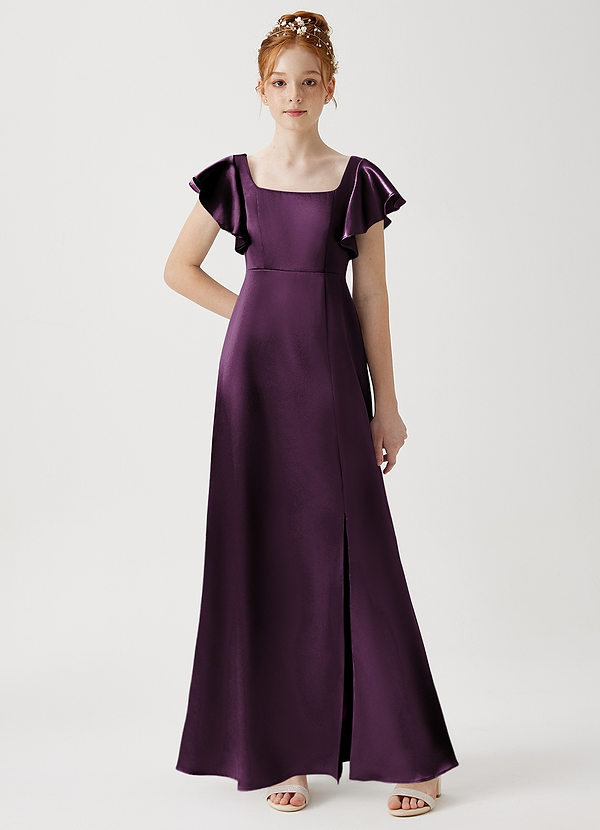 Azazie Bondi Junior Plum A-Line Side Slit Metallic Satin Dress image1