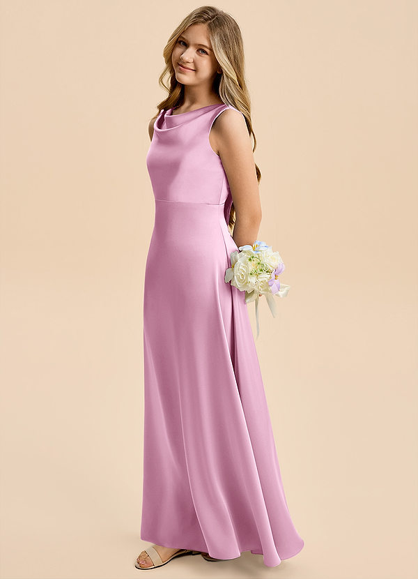 Azazie Kiki Junior Robe Trapèze en Satin extensible Arc Rose Bonbon image1