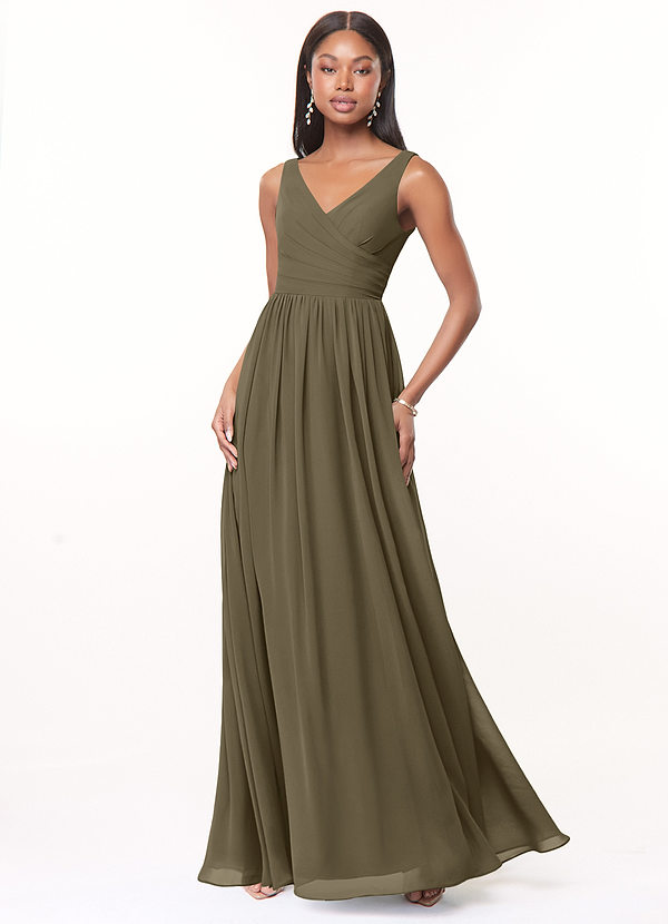 Azazie Keyla Bridesmaid Dresses Willow Green A-Line V-Neck Pleated Chiffon Dress image1