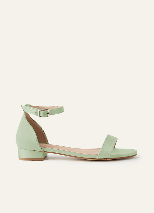 front Matching Color Matte Satin Single Strap Ankle Buckle Block Flat Sandals