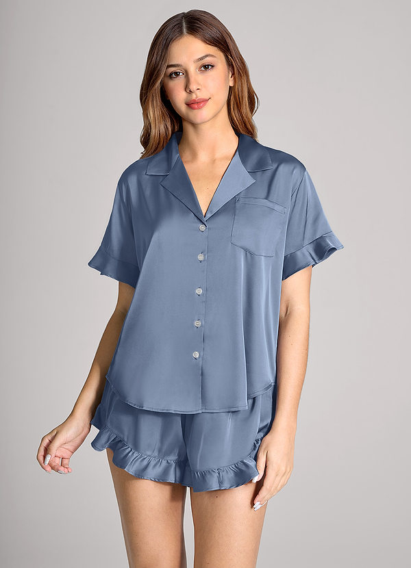 front Matching Color Ruffled Short Sleeve Pajama Set