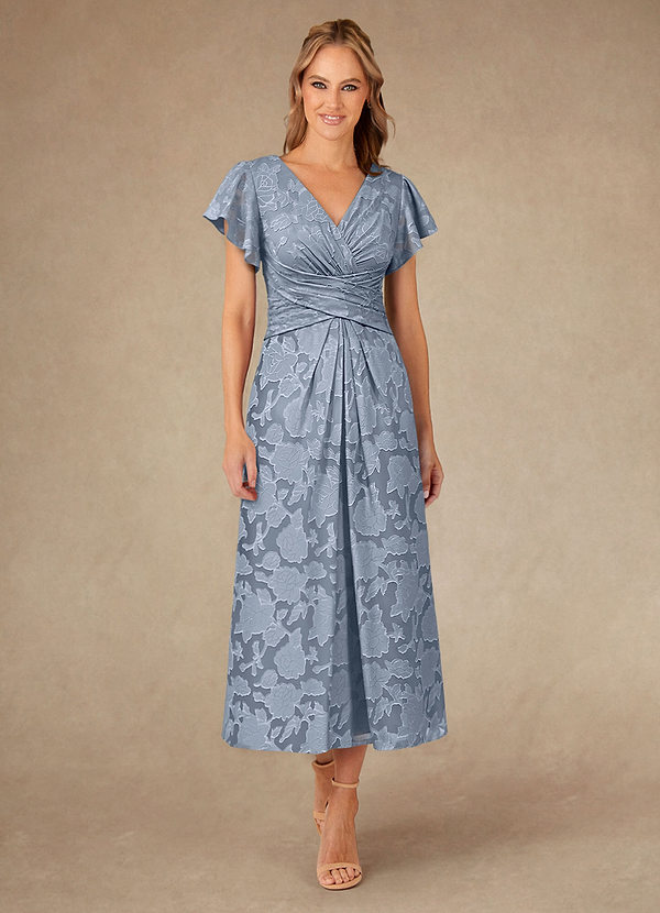 Azazie Vera Mother of the Brides Dresses Dusty Blue A-Line Pleated Floral Burnout Dress image1