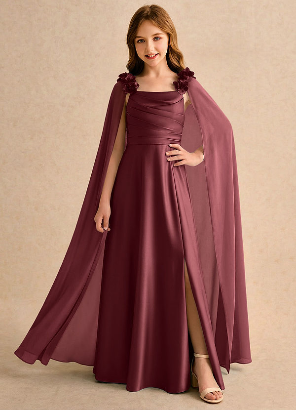Azazie Rosita Girls Formal Flower Girl Dresses Merlot A-Line Pleated Stretch Satin Dress image1