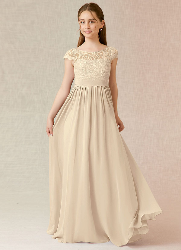 Azazie Silvermist Junior Champagne A-Line Pleated Chiffon Dress image1