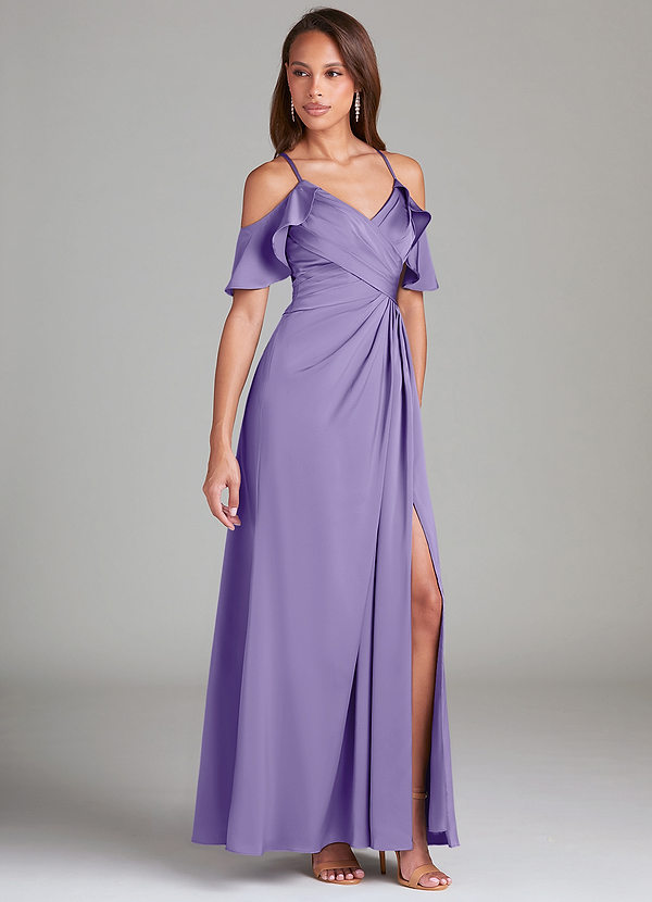 Azazie Dakota Bridesmaid Dresses Tahiti A-Line Off the Shoulder Stretch Satin Dress image1