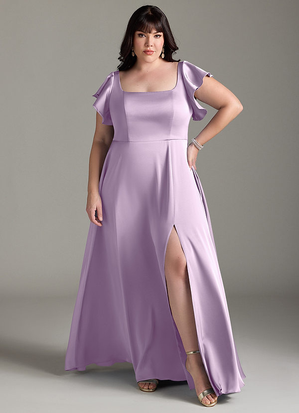 Azazie Bondi Bridesmaid Dresses Frosted Lilac A-Line Bow Stretch Satin Dress image1