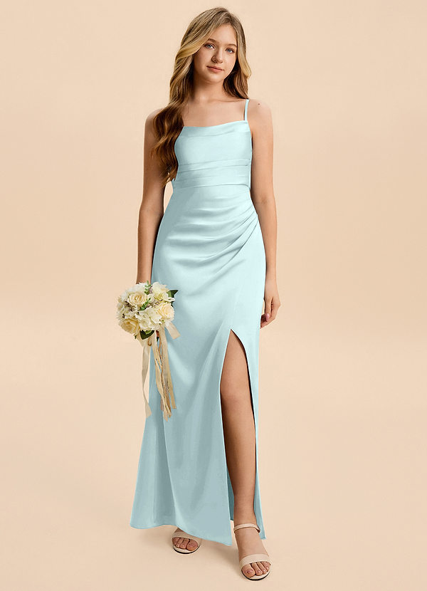 Azazie Minnie Junior Sea Glass A-Line Ruched Stretch Satin Dress image1