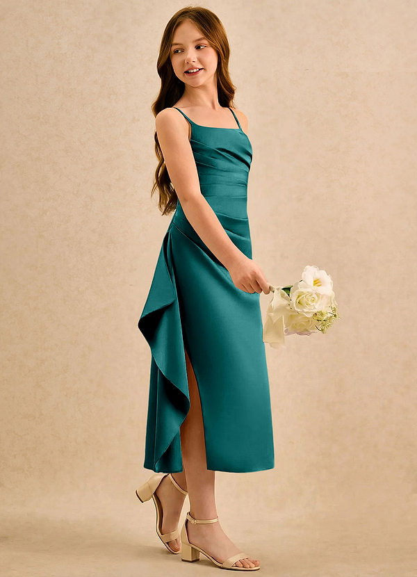 Azazie Canna Girls Formal Sukienki dla dziewczynek sypiących kwiaty Linia A Pofałdowany Satyna elastyczna Długość herbaty Sukienka image1