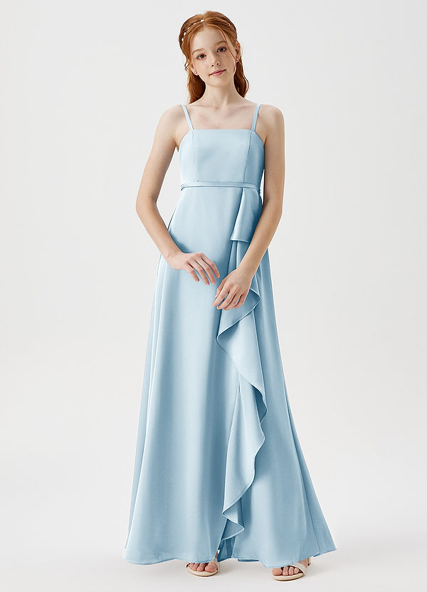 Azazie Kaylee Junior Sky Blue A-Line with Belt Stretch Satin Dress image1