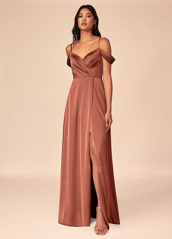 Azazie Ocean Bridesmaid Dresses Clay A-Line V-Neck Pleated Stretch Satin Dress image1