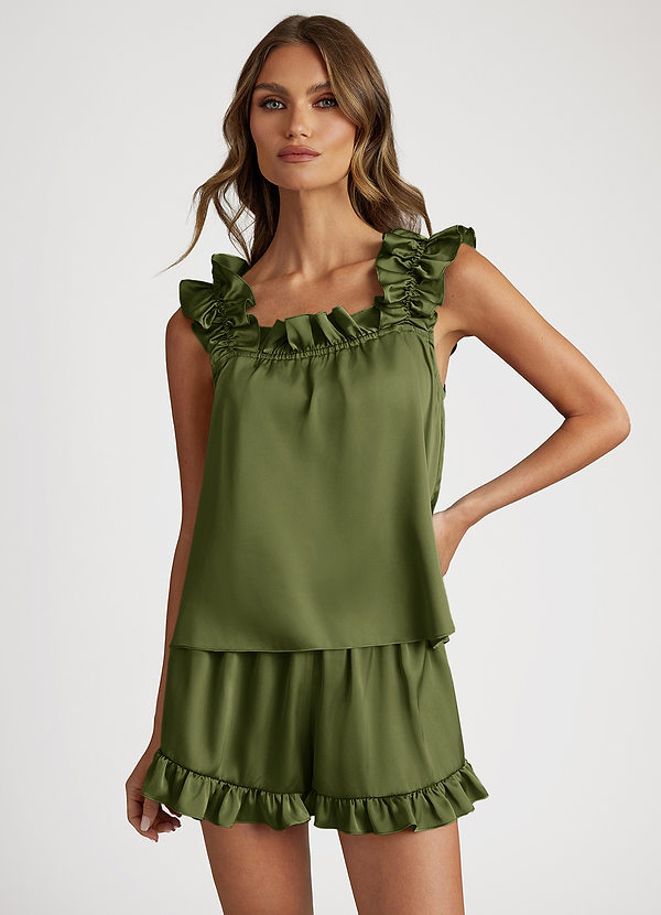 front Olive Satin Convertible Ruffle Strap Pajama Set