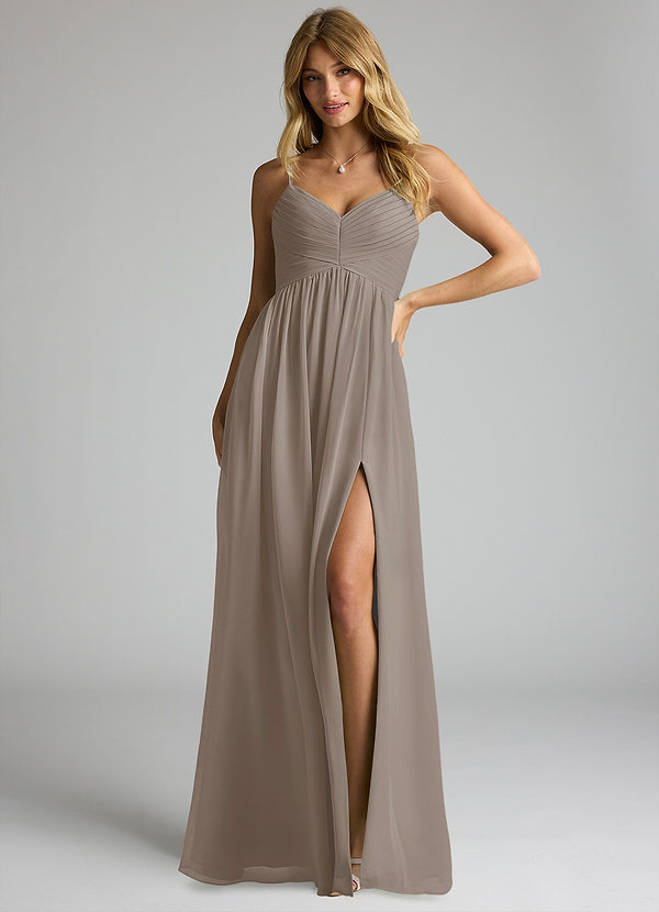 Azazie Alia Bridesmaid Dresses Taupe A-Line Pleated Chiffon Dress image1