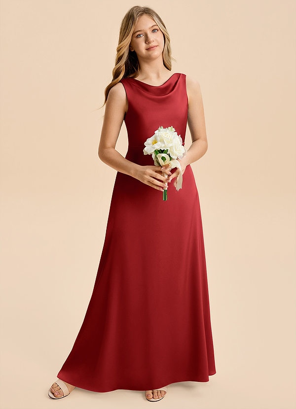 Azazie Kiki Junior Pomegranate A-Line Bow Stretch Satin Dress image1