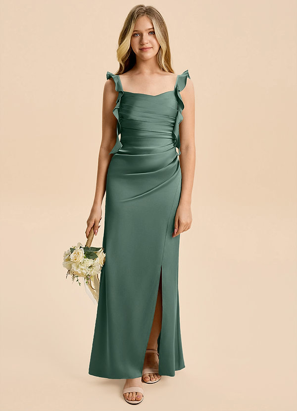 Azazie Jessamine Junior Eucalyptus A-Line Ruched Stretch Satin Dress image1