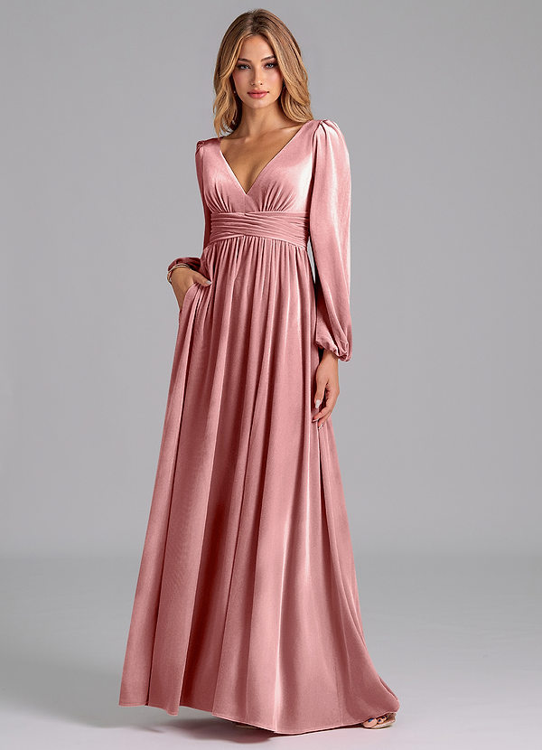 Azazie Norah Bridesmaid Dresses Dusty Rose A-Line Long Sleeve Velvet Dress image1
