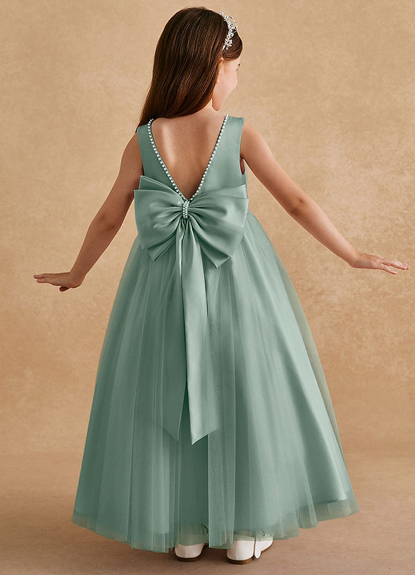 Azazie Cookie Blumenkinder Kleider A-Linie Schleifen Tüll Kleid Silberner Salbei image1