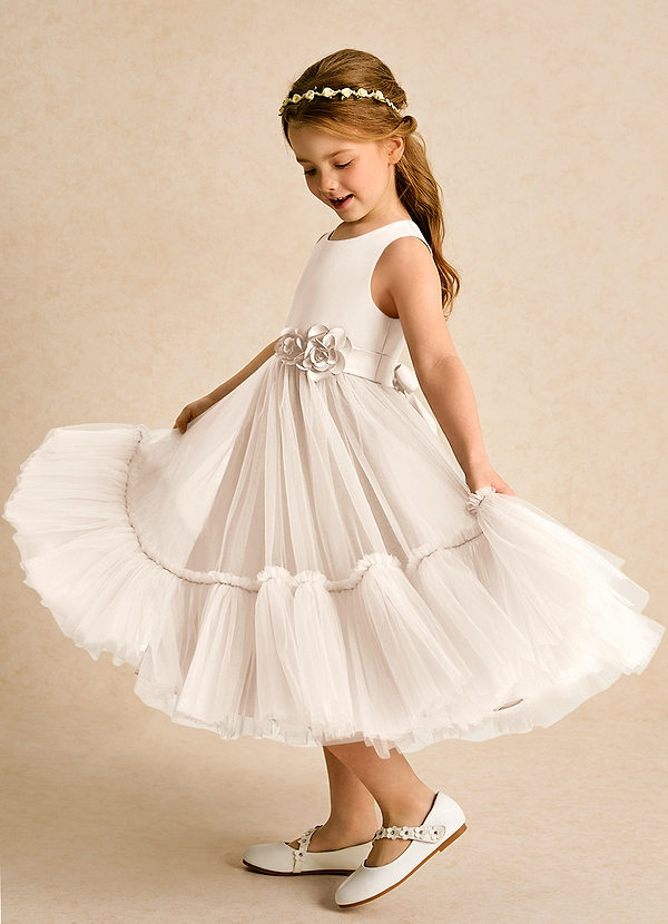 Azazie Miracle Blumenkinder Kleider A-Linie Schleifen Matte Satin Kleid Alabaster Weiß image1