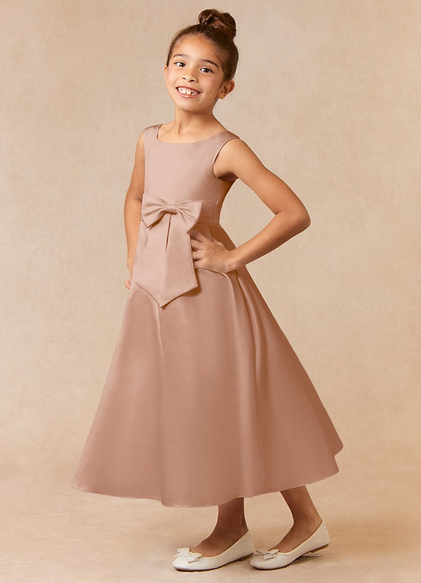 Azazie Lindy Flower Girl Dresses Champagne Rose A-Line Pleated Matte Satin Dress image1