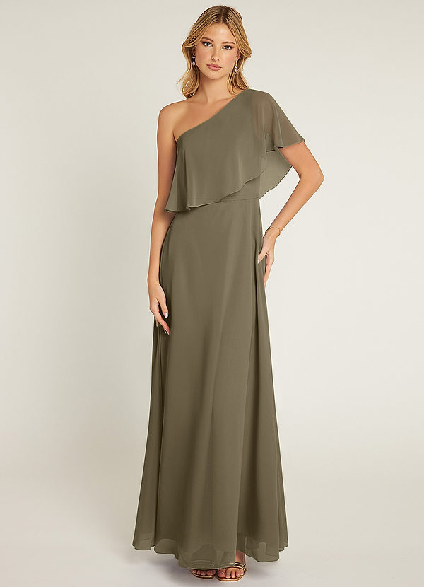 Azazie Lizzy Vestidos Dama de Honor Vestido de Verde Sauce de Gasa de Corte en A con Hombro unilateral image1