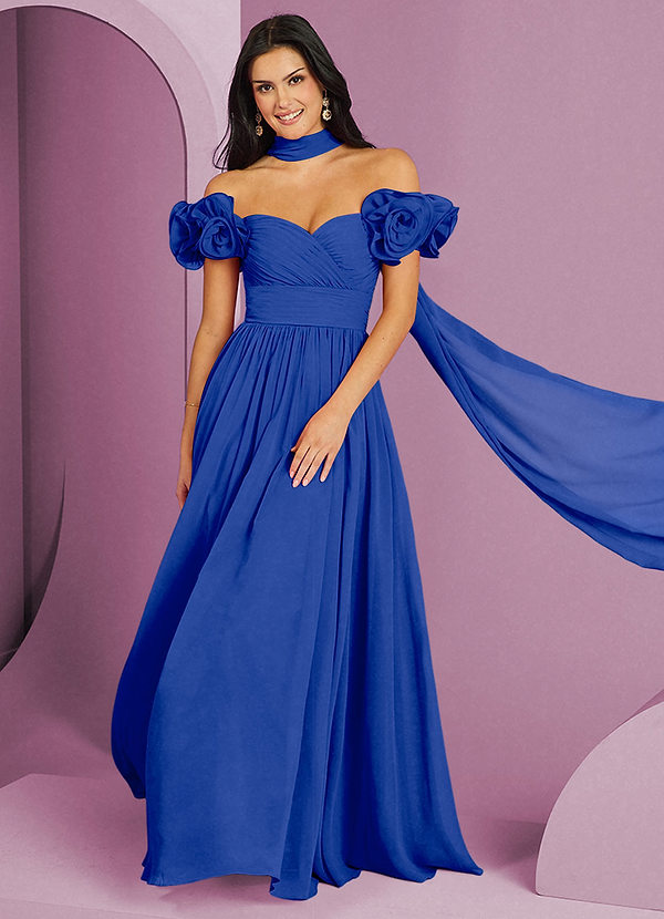 Barbie ♥ Azazie Abiti da Damigella Abito Convertibile A-Line in Chiffon a Spalla Scoperta Blu Reale image1