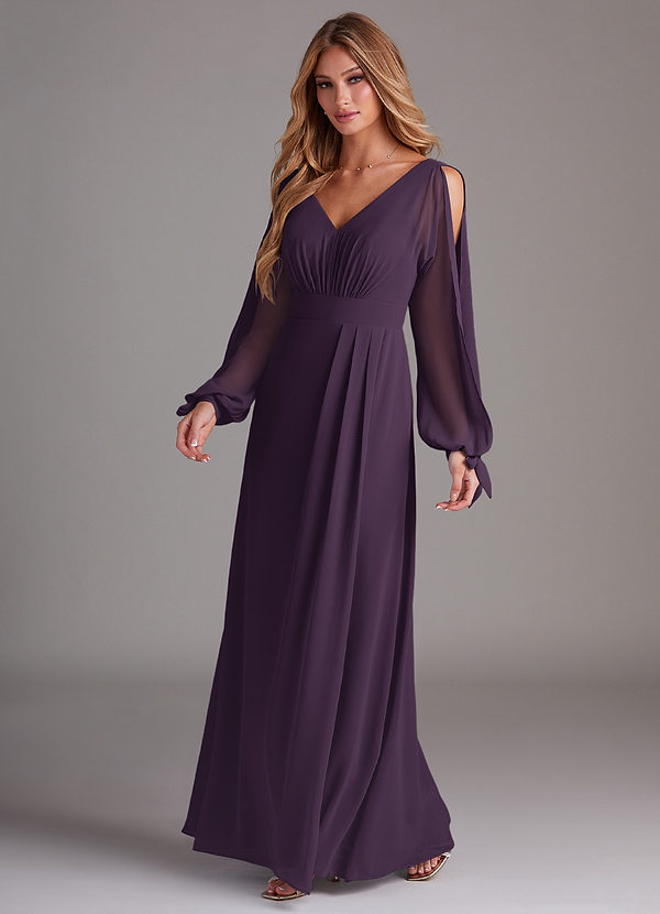 Azazie Matilda Bridesmaid Dresses Plum A-Line Long Sleeve Chiffon Dress image1
