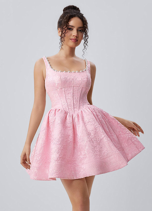 Phinsera Rosa Jacquard-Korsettkleid mit Perlen- und Strassbesatz, Schnürung am Rücken, Minikleid image1