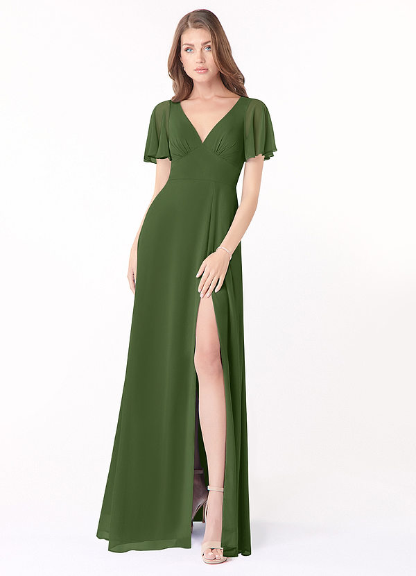 Azazie Kimber Bridesmaid Dresses Olive A-Line Flounce Sleeve Chiffon Dress image1