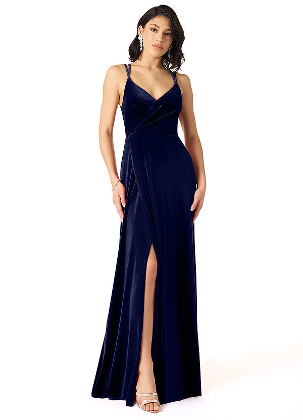 Azazie Hapa Brautjungfernkleider A-Linie Spitze Samt Kleid Dunkelmarine image1