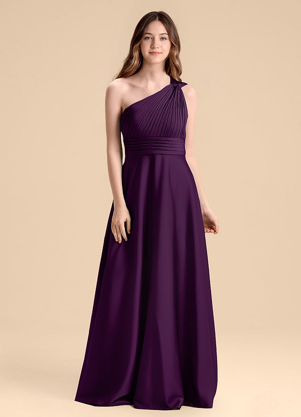 Azazie Charlize Junior Abito A-Line in Raso Elasticizzato Plissettato Uva image1