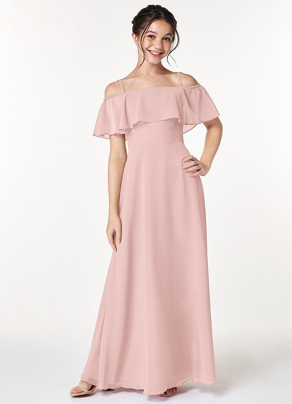 Azazie Maggie Junior Robe Trapèze en Mousseline de soie Épaule décolletée Rose Poudré image1