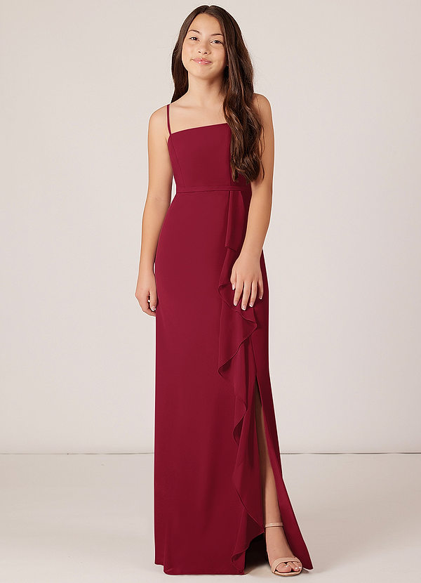 Azazie Kaylee Junior Burgundy A-Line with Belt Chiffon Dress image1