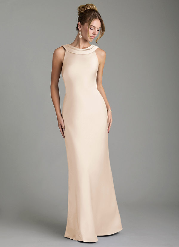 Azazie Aussie Bridesmaid Dresses White Alabaster Sheath Pleated Stretch Satin Dress image1
