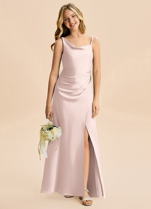 Azazie Abby Junior Blushing Pink A-Line Pleated Stretch Satin Dress image1