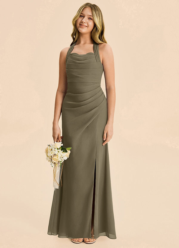 Azazie Destiny Junior Willow Green Sheath Ruched Chiffon Dress image1