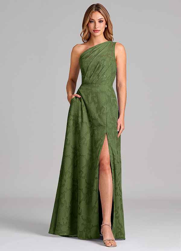 Azazie Phaedra Robes de demoiselle d'honneur Robe Trapèze en Blumen-Burnout Asymétrique Olive image1