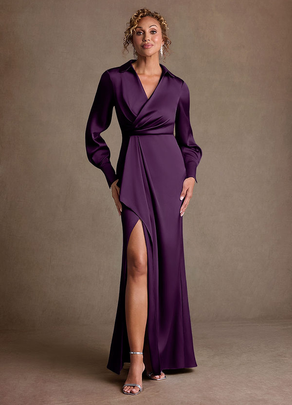 Azazie Jacinta Mother of the Brides Dresses Grape Sheath Pleated Stretch Satin Dress image1