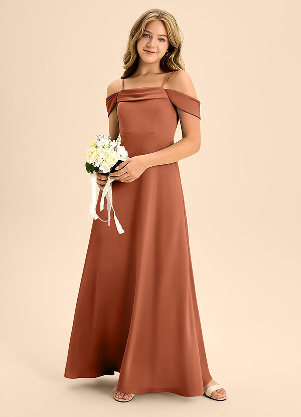 Azazie Anselie Junior Jurk van Stretch Satijn met A-Lijn Off the Shoulder Ceder Roos image1