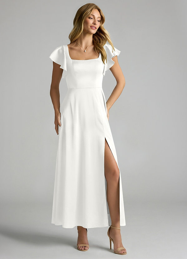 Azazie Bondi 신부 들러리 드레스 A라인 셔링 스트레치 새틴 발목 길이 드레스 image1