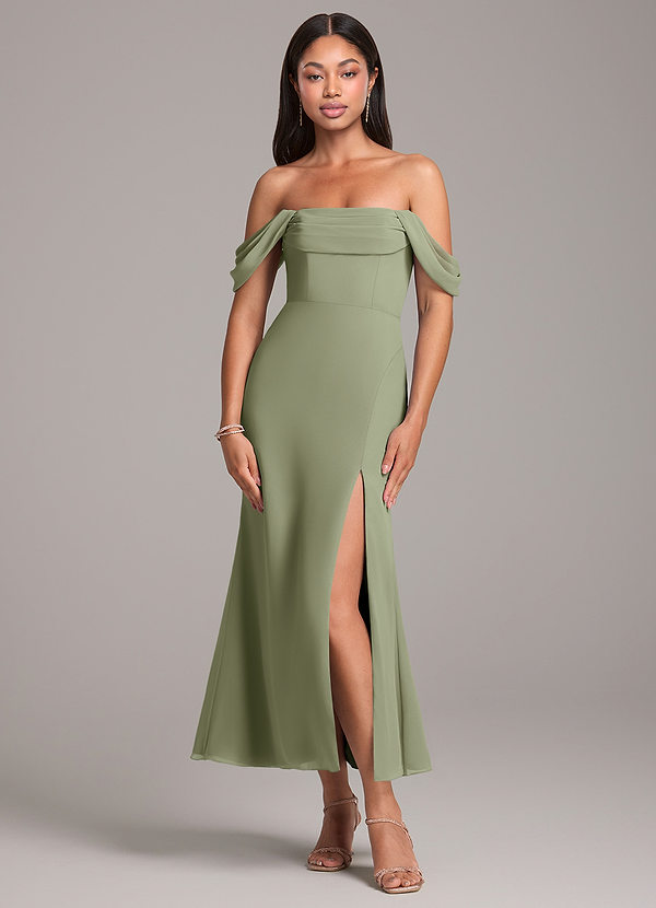 Azazie Saige Bridesmaid Dresses Pistachio Sheath Off the Shoulder Chiffon Convertible Dress image1
