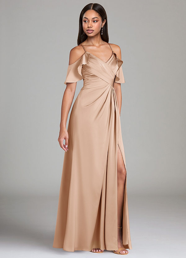 Azazie Dakota Bruidsmeisjes Jurken Jurk van Stretch Satijn met A-Lijn Off the Shoulder Engelse Roos image1