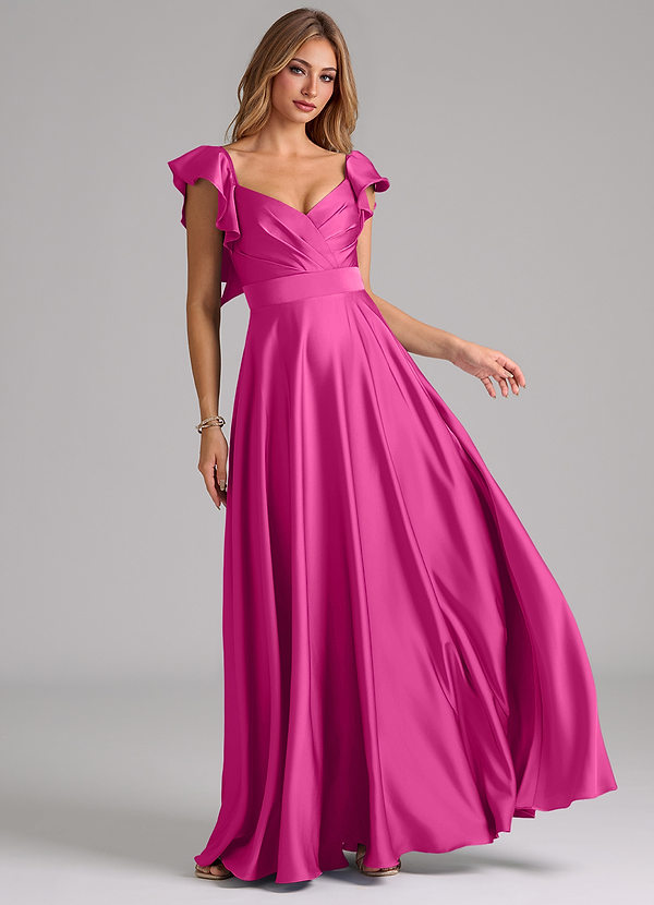 Azazie Leilani Bridesmaid Dresses Fuchsia A-Line Ruched Stretch Satin Dress image1